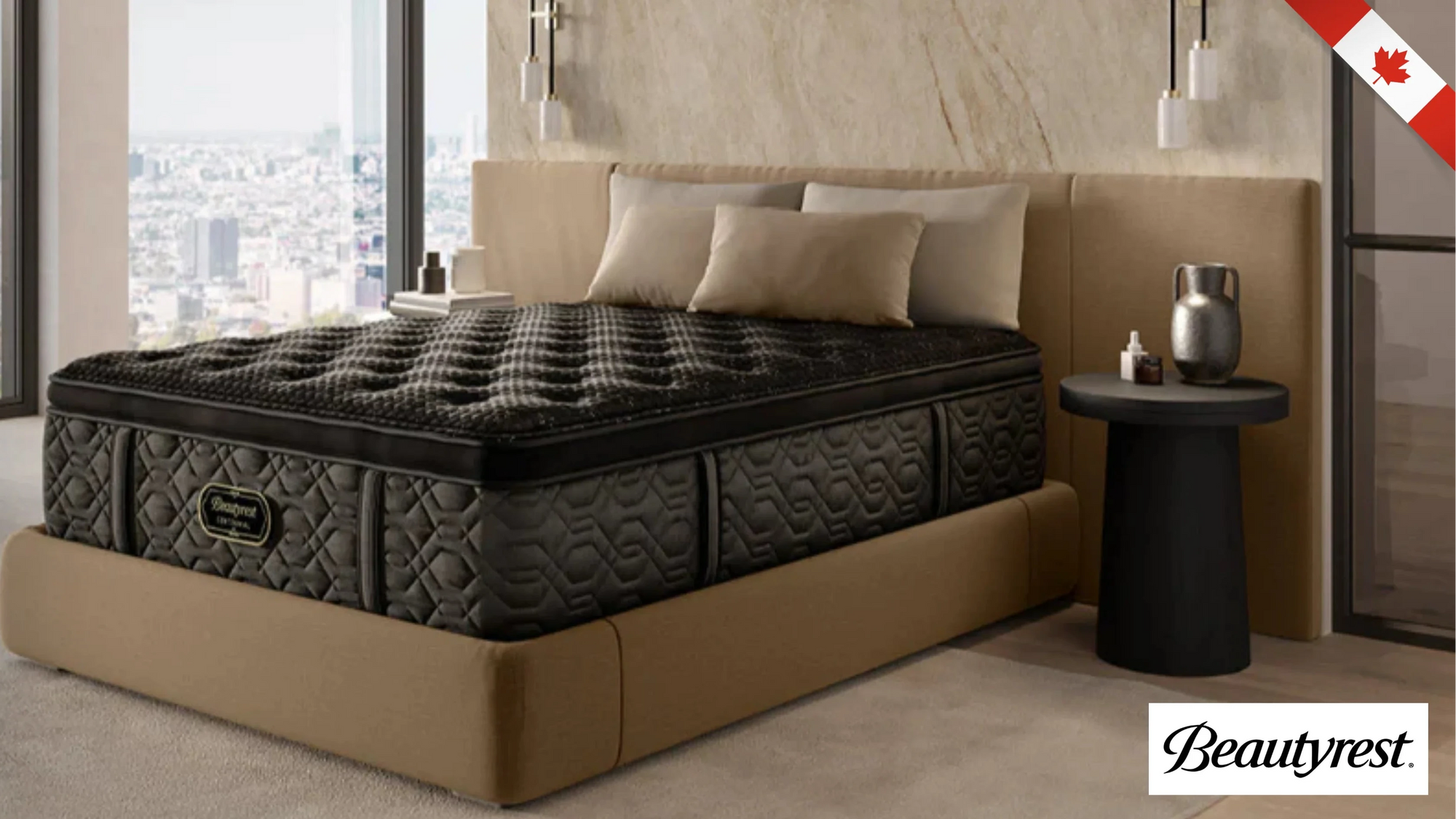 Beige bed with a mattress in a bedroom setting, featuring the Beautyrest brand.